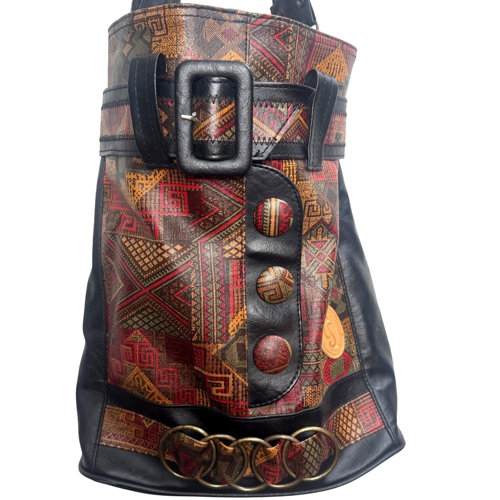 BOHO Shoulder Bag Black Faux Leather Aztec Tapestry Accents Rings art‎ deco gold